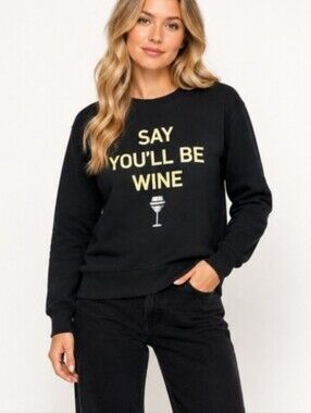 Bow & Drape Gray Crewneck Fleece Top Sequins Say You'll Be Wine whimsical Sz L